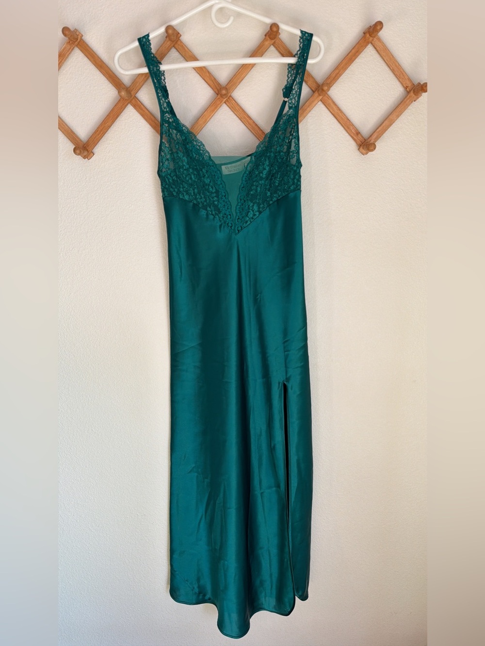 Vintage Victoria's Secret Emerald Green Lace-Trim Satin Slip Maxi Nightgown